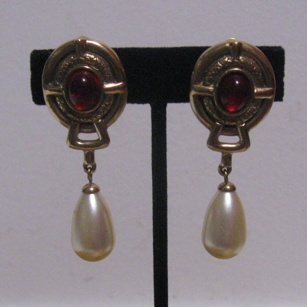 Marcel Rochas Etruscan Revival Drop Earrings Clip Signed Numbered